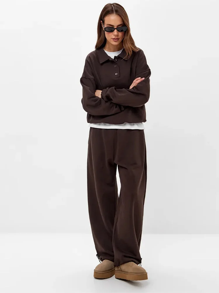 Damen-Hosenanzug 2-teilig Polokragen Langarm-Sweatshirt Pullover Elastische Taille Hose Streetwear Einfarbiger Oversize-Trainingsanzug – Detail 13