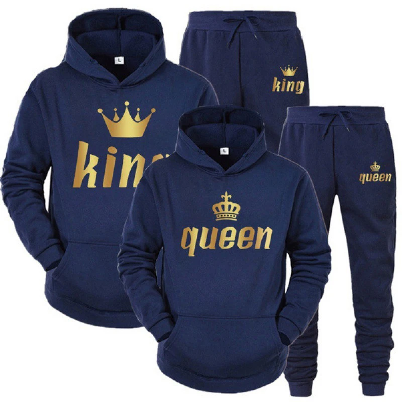 King Queen Print Autumn/Winter originality Casual Hoodies Male Casual Sweater Set Long Sweatshirts Sleeve Men Tracksuit Clothing