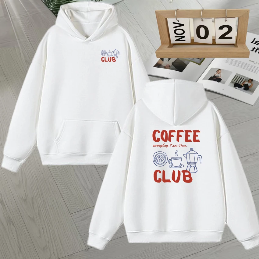 

Coffee Club Graphic Double Sided Print Hoodies Autumn Winter Bodywarmer Long sleeve Fleece Loose Fashion Casual Pullover Unisex
