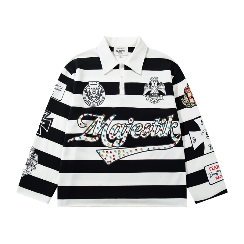 Black White Contrast Horizontal Stripe Collared Polo T-Shirts Color Rhinestone Print Majestik Long Sleeve Tees Man Woman
