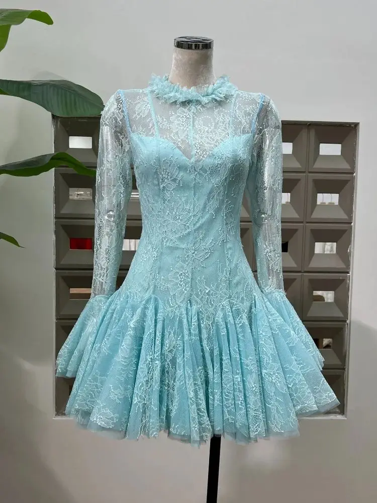 

New Fashion Lace A Line Short Party Dress For Women Sexy Long Sleeve Birthday Elegant Formal Occasion Dresses Night Club Vestido