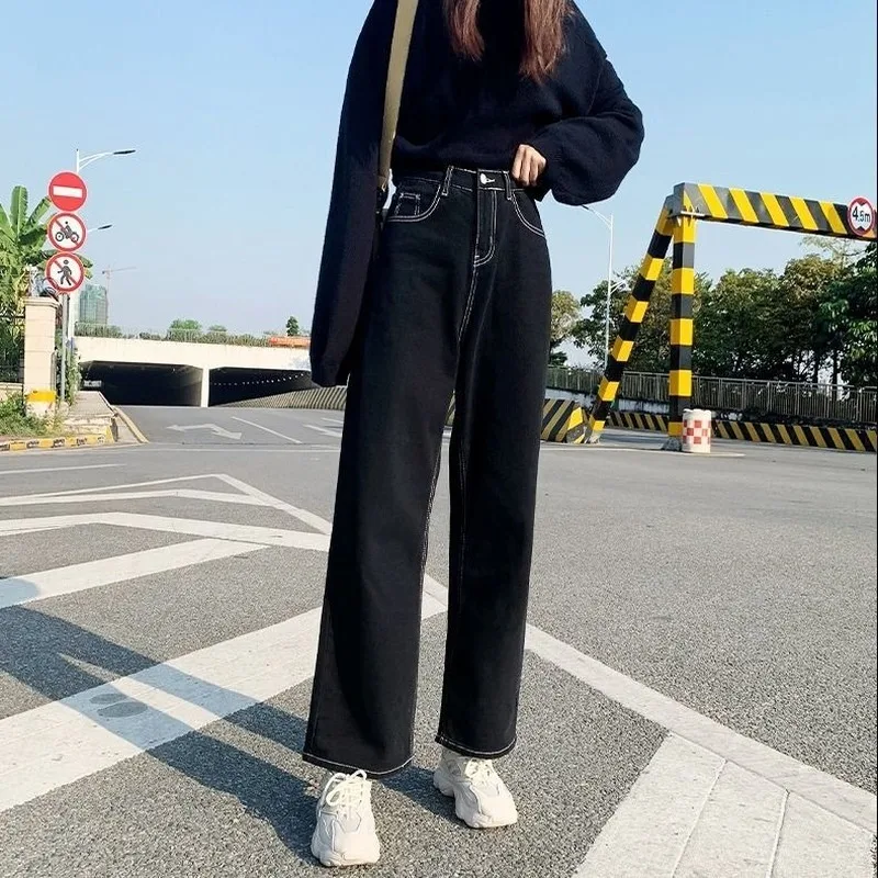 Jeans Women Korean Style Mopping Trousers Denim Vintage Black Solid High Waist Autumn Baggy Chic Street Casual Wide Leg Jeans