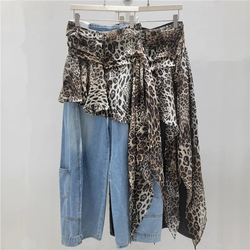 

Fashion Leopard Print Butt Curtain Patchwork Jeans, Niche Style Ribbon Waist Belt Layered Belt Hot Girl Hip Hop Pants for Women