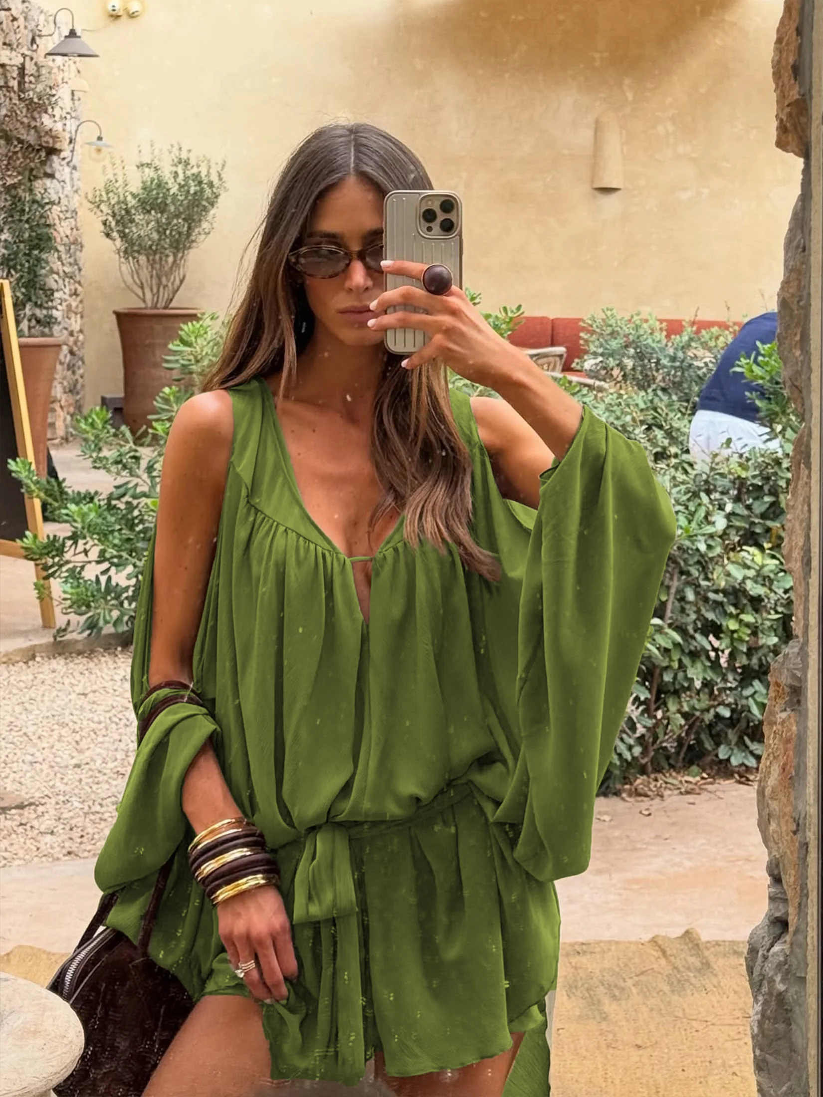 Boho Chic Women's Loose Self-Tie Belt Flowy Off-Shoulder Dress Sexy V Neck Mesh Dresses Women 2025 Fall Beach Mini Dresses C156