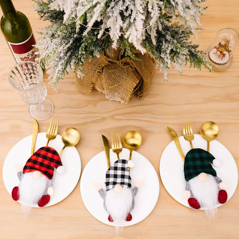 

3pcs Cutlery Holder Christmas Gnome Decor Supplies Spoon Fork Cover Party Table Decoration Holiday Dining Accessories