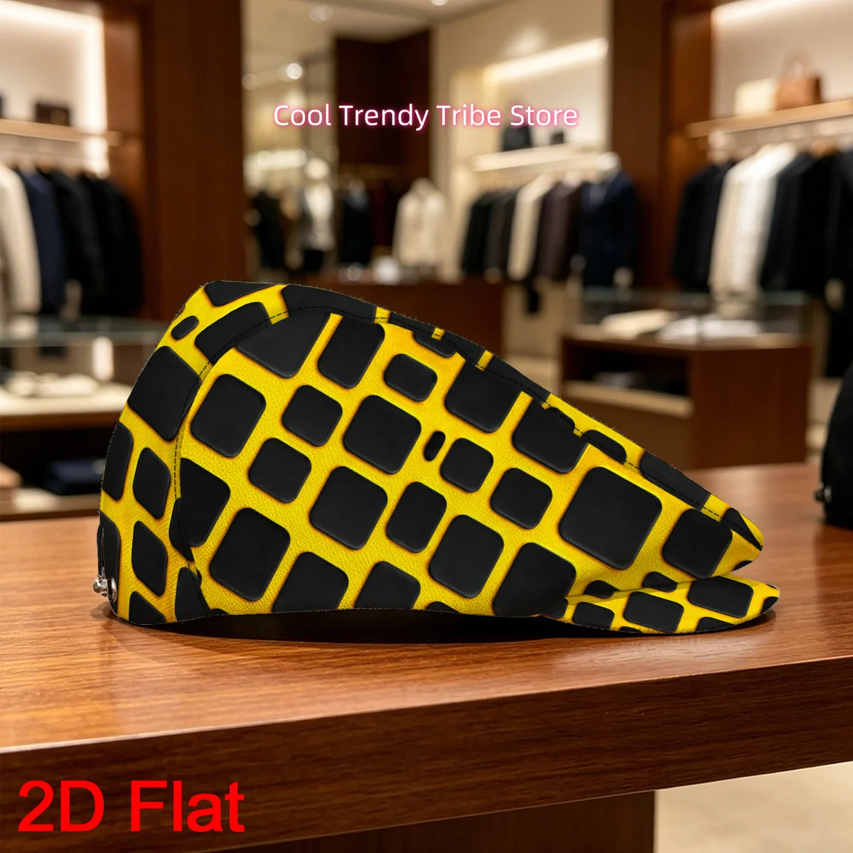 1pc 2D Flat Yellow Grid Pattern Forward Cap Men Beret Hat Adjustable Flat Cap All-Season Hat Fitted Closure a Stylish Street Fas