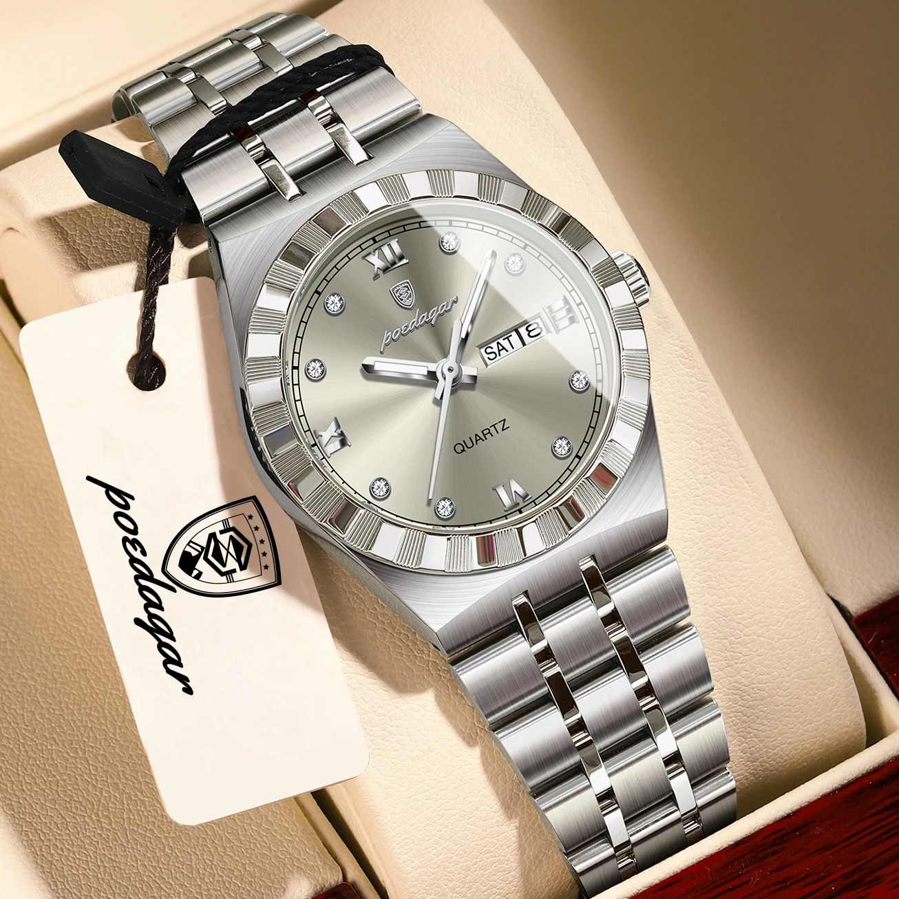 POEDAGAR Elegant Ladies Clock Luminous Waterproof Stainless Steel Woman Wristwatch Week Date Trendy Quartz Women's Watches Reloj