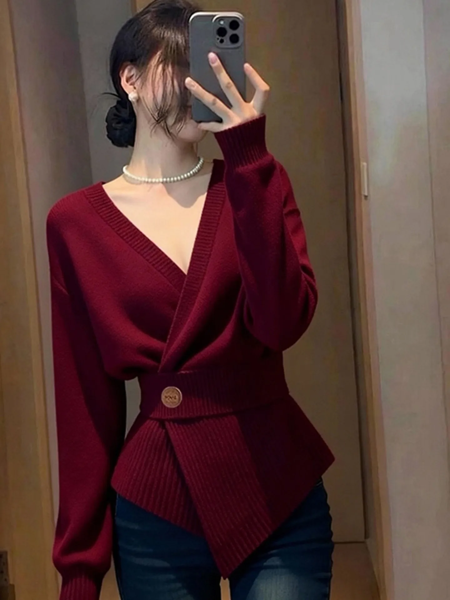 Ele-suéter de punto rojo vino para mujer, ropa interior ajustada a la moda, diseño Sensation con cinturón V-Ne Long Sve, primavera 2026