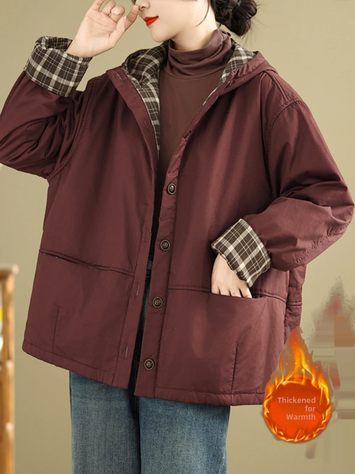 

Корейское женское хлопковое тюлевое пальто, двухслойное внутреннее клетчатое пальто с капюшоном, теплая ветровка, верхняя одежда, бирка не требуется