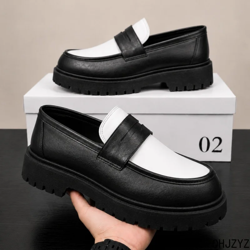 Plus Size Wide Width Business Footwear Men's Loafers Slip On PU Leather Casual Shoes British Style Platform Sole