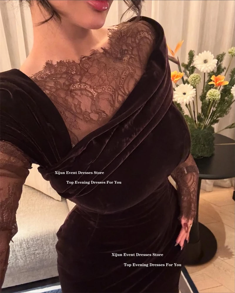 Xijun Luxury Velvet Mermaid Evening Dresses Lace Full Sleeves Dubai Prom Dresses Pleated Formal Occasion Women Prom Gowns Custo