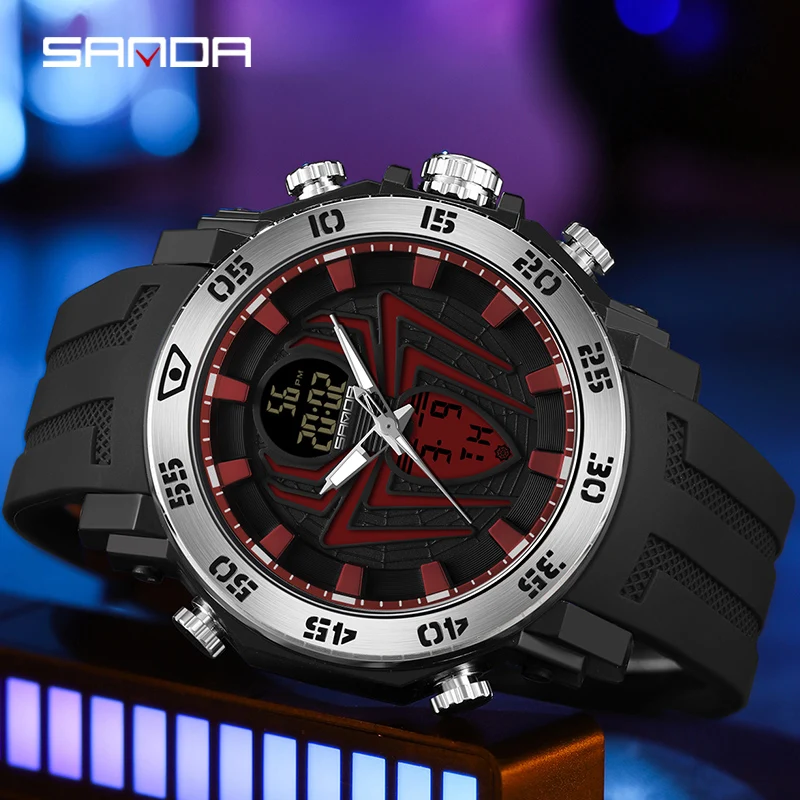 SANDA New Men Watch Big Spider Dial Design Sport Watch LED Digital quartz Waterproof Watch Men Multifunction Dual Display Clock