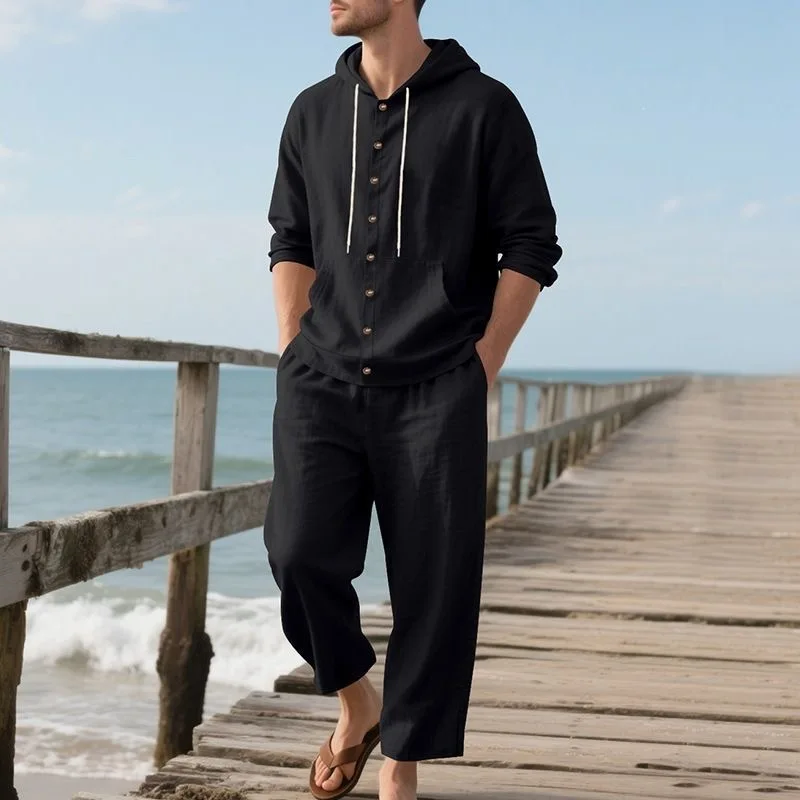 Men's Linen Beach Set Summer Casual Hooded Shirt & Pants 2 Piece Suit Breathable Loose Holiday Outfit Solid Color Vacation Wear view 3