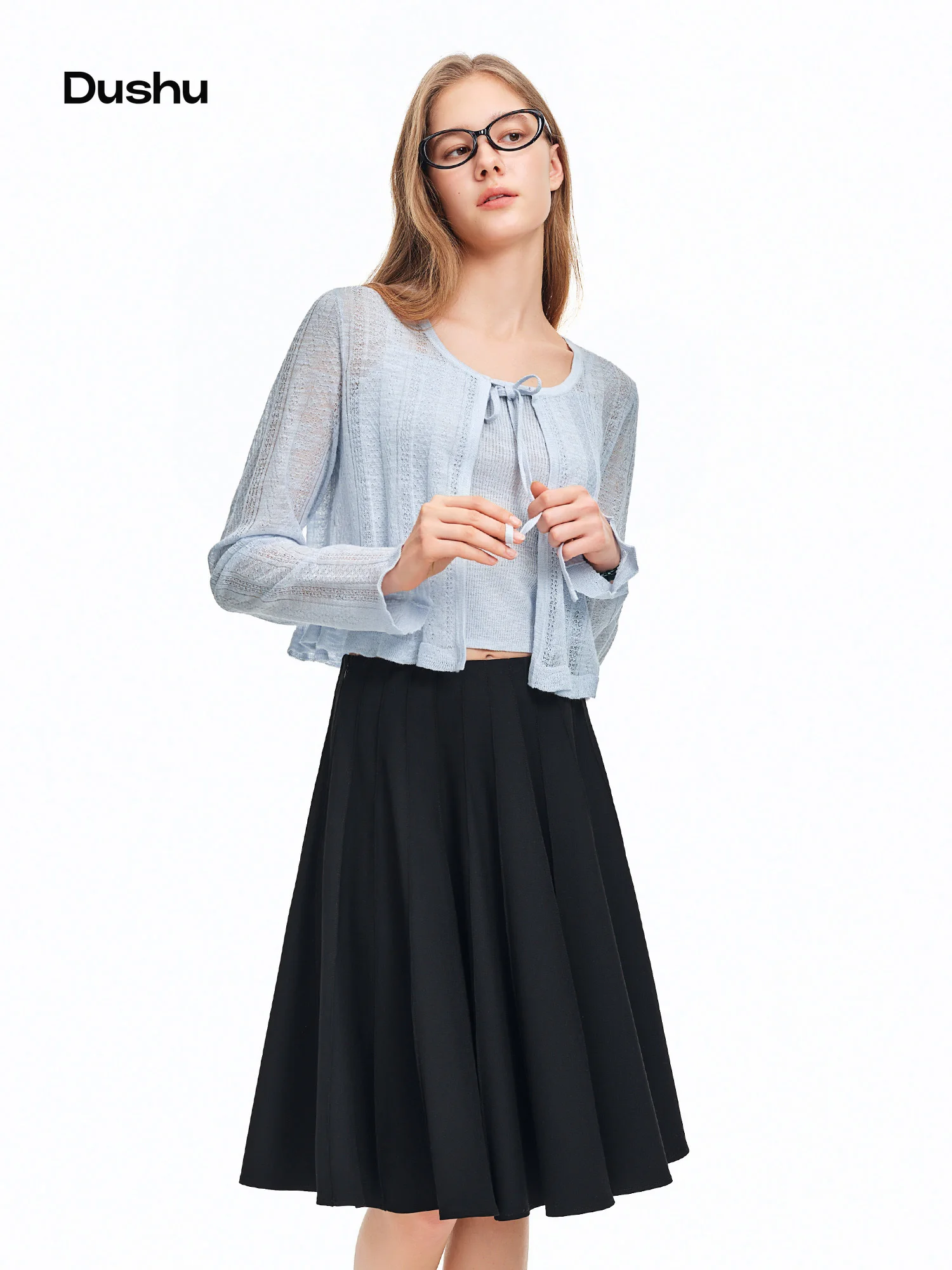 

Женский комплект DUSHU: кардиган с эффектом льна и топ на бретельках «Морской бриз» — Новинка лета 2026: Модный трикотаж