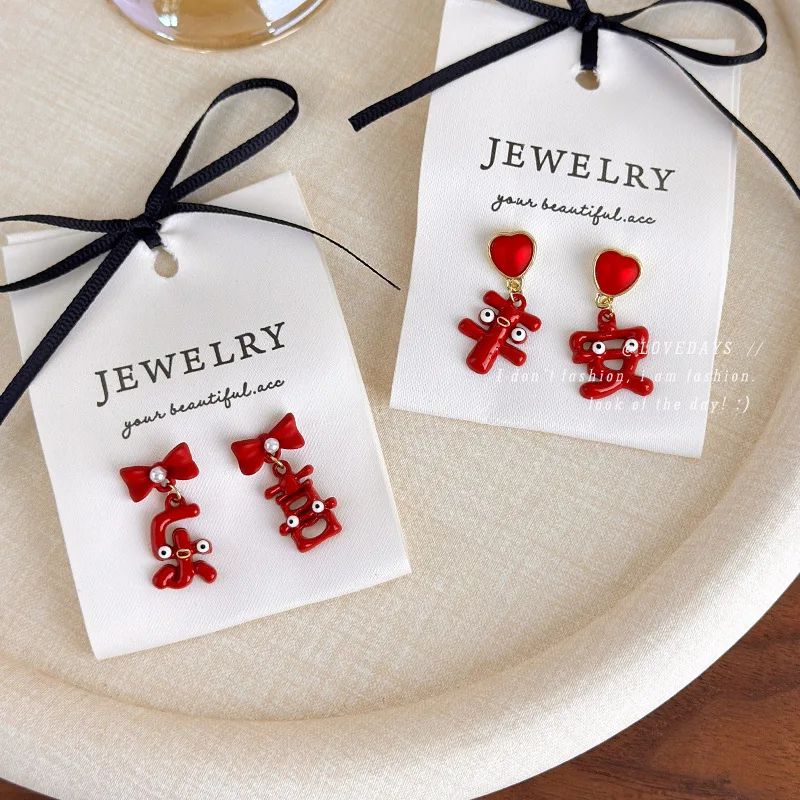 Premium Red Drop Earrings Festive New Year Sweet Fashion Peace Joy Lightweight Resin for Women