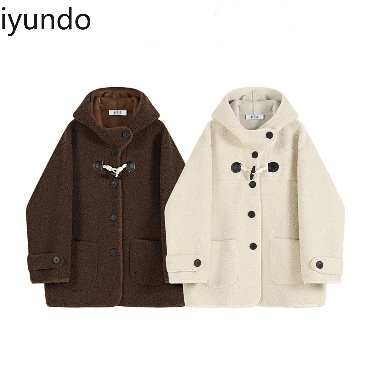 

Женское пальто из овечьей шерсти с напуском и капюшоном, осенне-зимняя длинная куртка небольшого размера с мехом и свободным дизайном на пуговицах с рогом