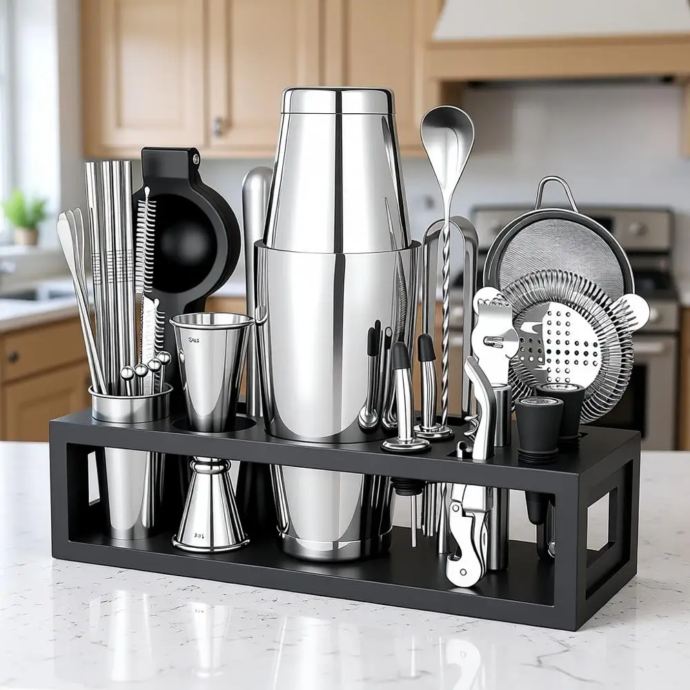

Cocktail Shaker Set | 20/28 OZ Boston Shaker | 31 pcs w/ 39-Recipe Cards. Silver Tools. Black Stand
