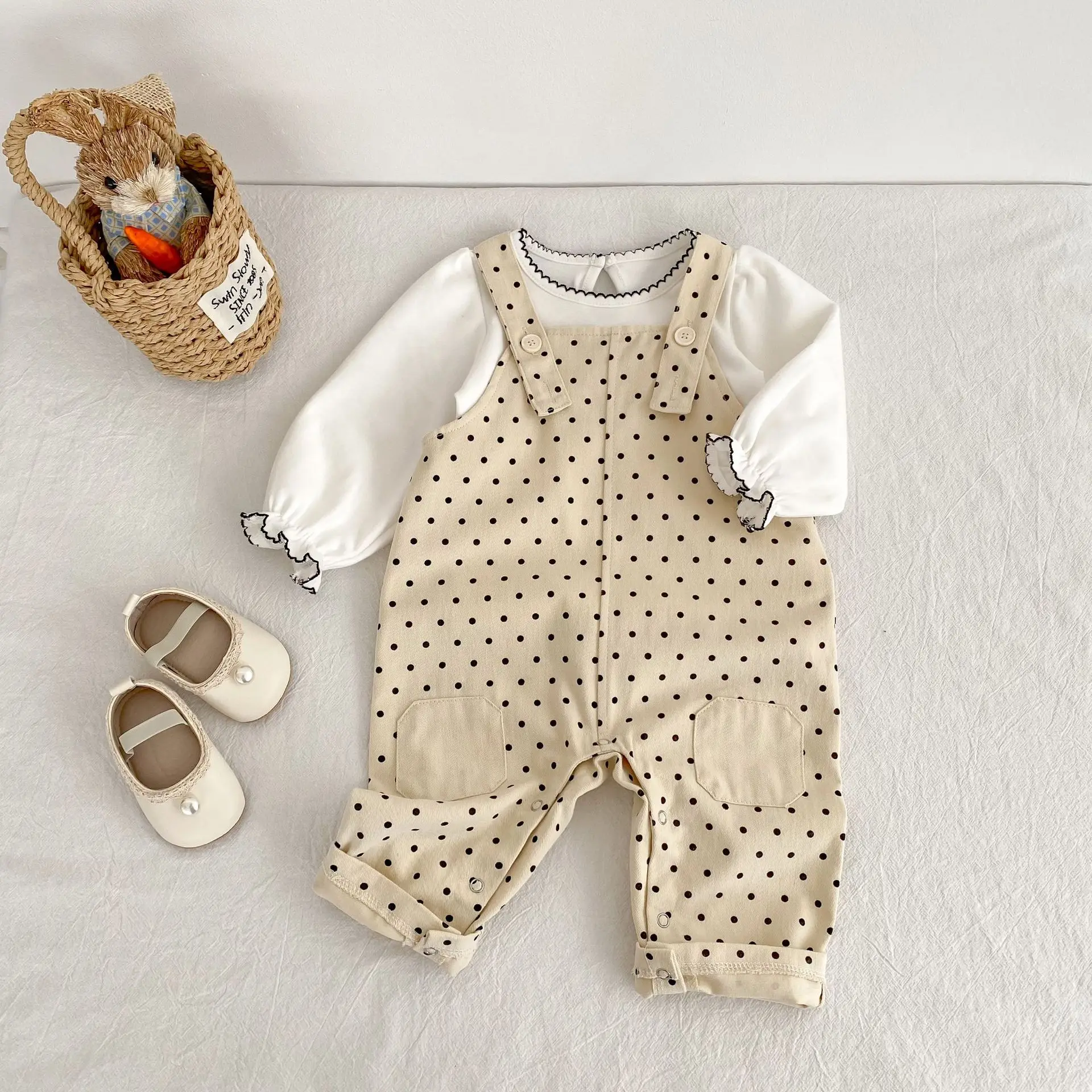 2025 Autumn New Baby Girl Sleeveless Dot Jumpsuit Cotton Kids Casual Overalls Cotton Children Strap Pants Infant Clothes