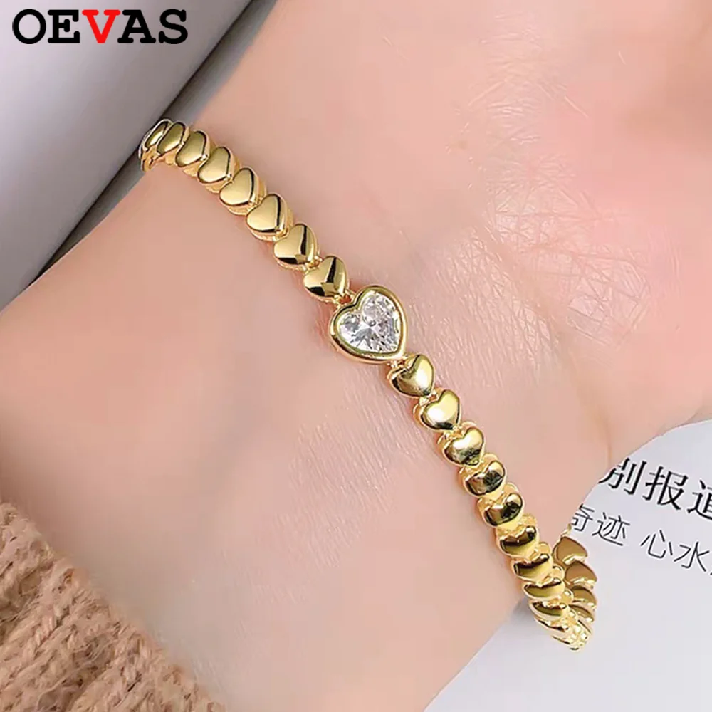 

OEVAS 5mm Heart Cut Zircon Bracelet For Women 100% S925 Silver Plated 18K Gold Lab Diamond Heart Link Party Fine Jewelry