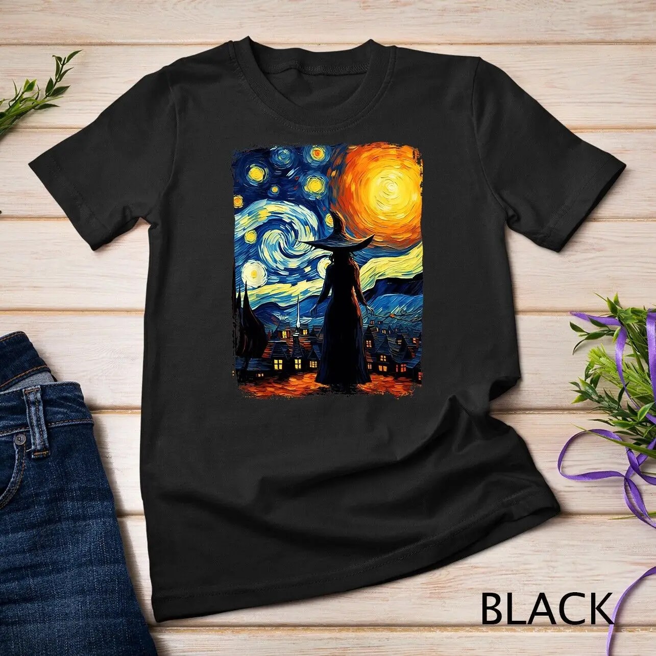 Witch Halloween Starry Night Van Gogh Aesthetic Painting T-Shirt Unisex T-shirt