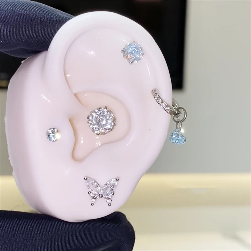1pc Blue Rose Flower Butterfly CZ Stones Stainless Steel Helix Daith Piercing Earrings for Girls Cartilage Accessories Jewelry