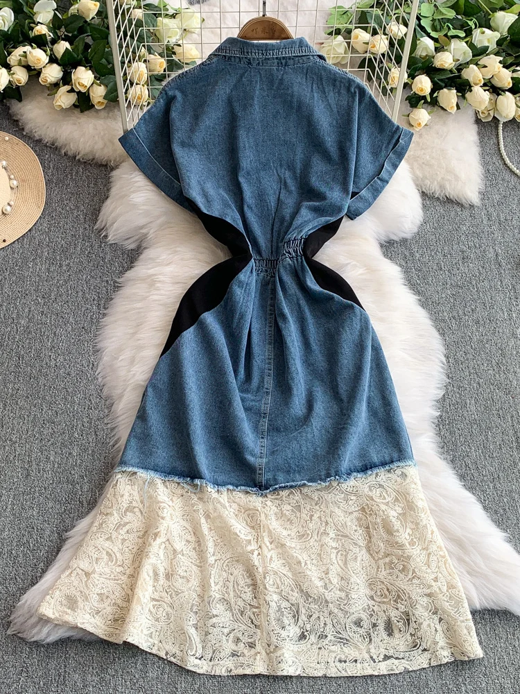 레트로 홍콩 스타일 데님 칼라 반팔 여성 드레스 하이웨이스트 레이스 스플라이스 슬림핏 피쉬테일 스커트 한국 버전