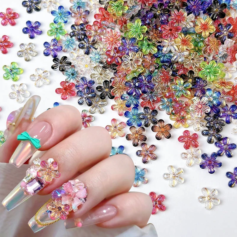 50 pz fiore colorato ciondoli per unghie fiore trasparente ghiaccio con Glitter oro fiocco Nail Art decorazione 3D accessori per Manicure fai da te