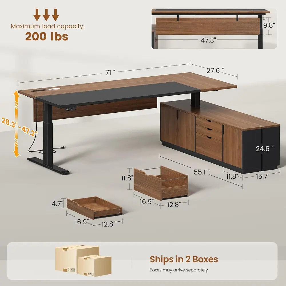 71 Adjustable L-Shaped Electric Desk with 3 Drawers, Cabinet, Power Outlets & Side Hooks, Brown