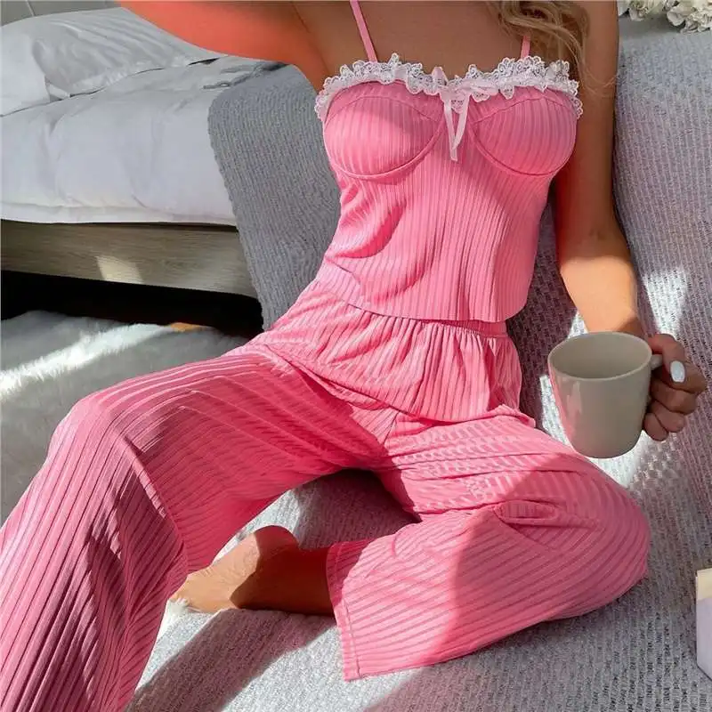 

2026 Summer Hot Selling Home Clothes Vertical Pit Stripe Splicing Lace Strap Top and Pants Two Piece Set for Women
