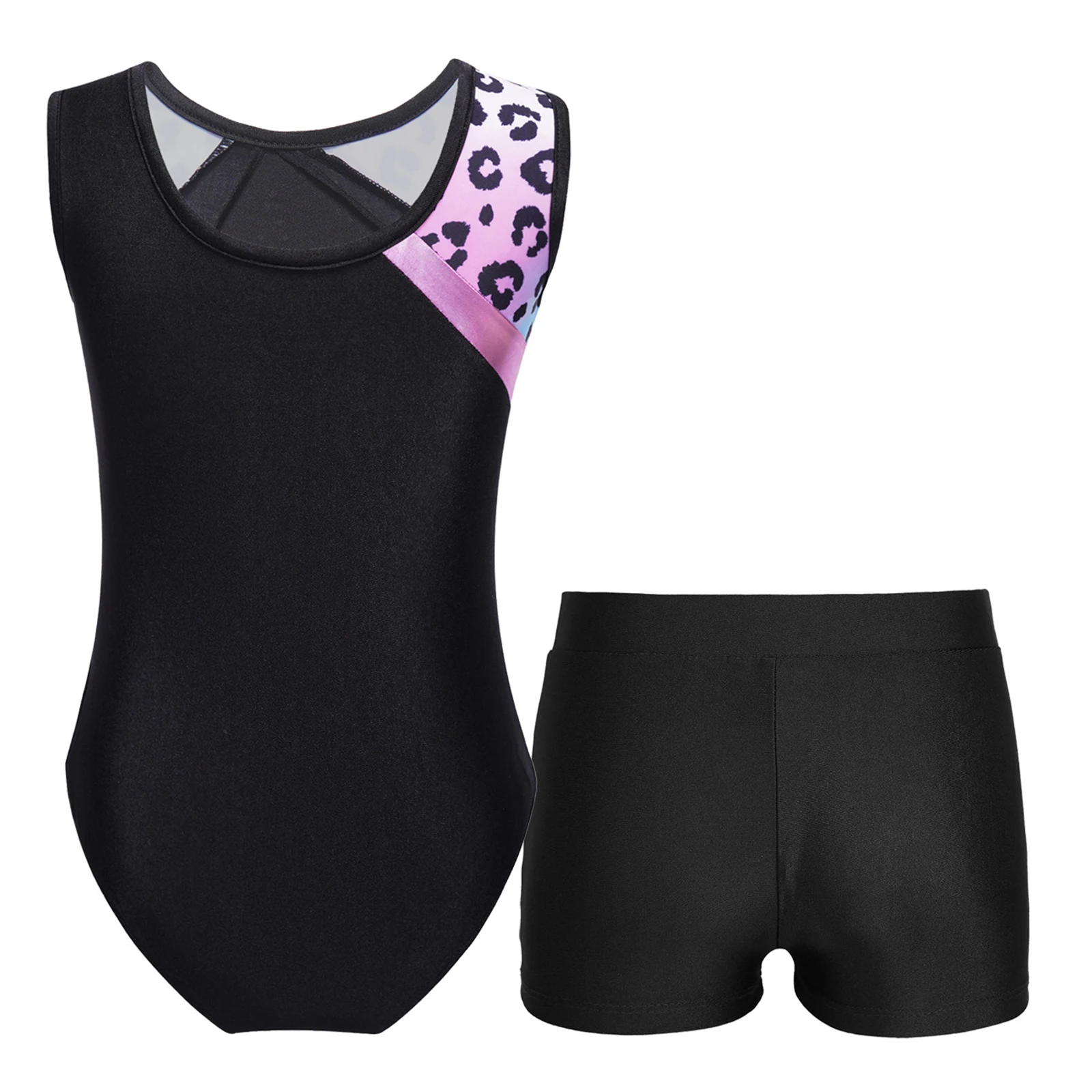 Kids Girls Ballet Leotard Set Gymnastics Bodysuit with Shorts Dancewear Sleeveless Rhinestone Figure Skating Unitards