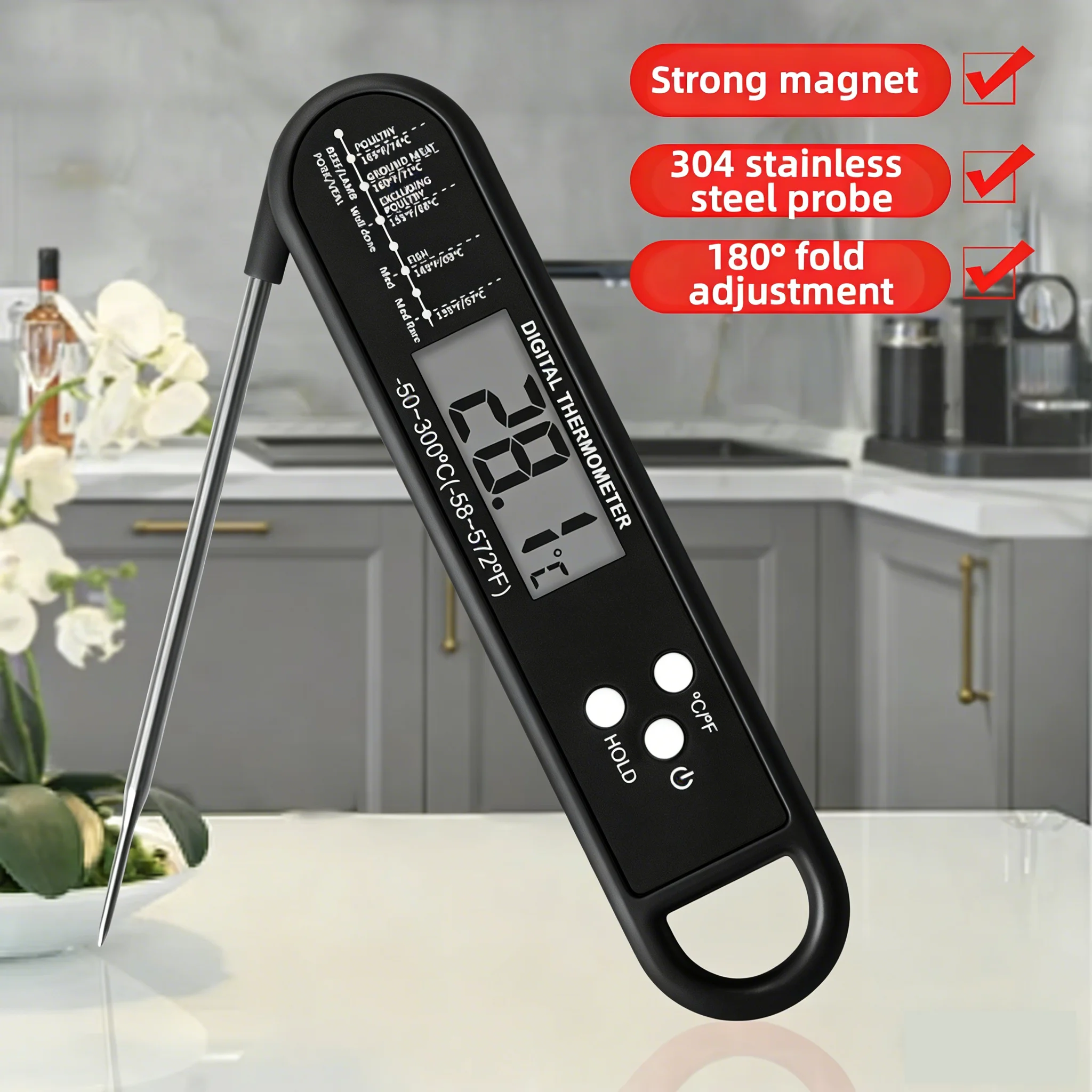 Digital Instant Read Meat Thermometer with Probe Stainless Steel Kitchen Cooking BBQ Food Grade Plastic Temperature Gauge