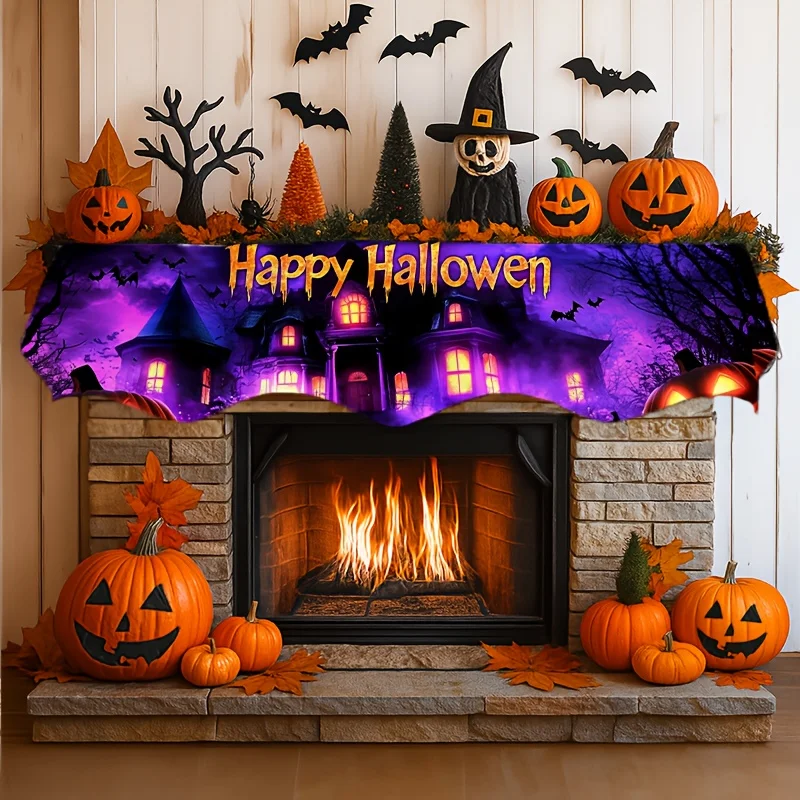 VIKAMA Halloween Fireplace Mantel Scarf Haunted House Bat Mantel Topper Spooky Fireplace Shelf Cover Fall Home Party Decor