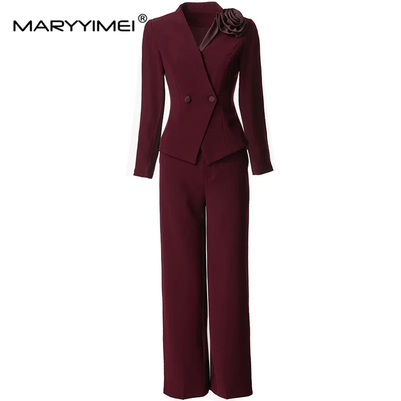 

MARYYIMEI Women's Elegant Commuter Purple/Black Suit Long Sleeved V-Neck Appliques Double-Breasted Top+Straight pant 2 piece set