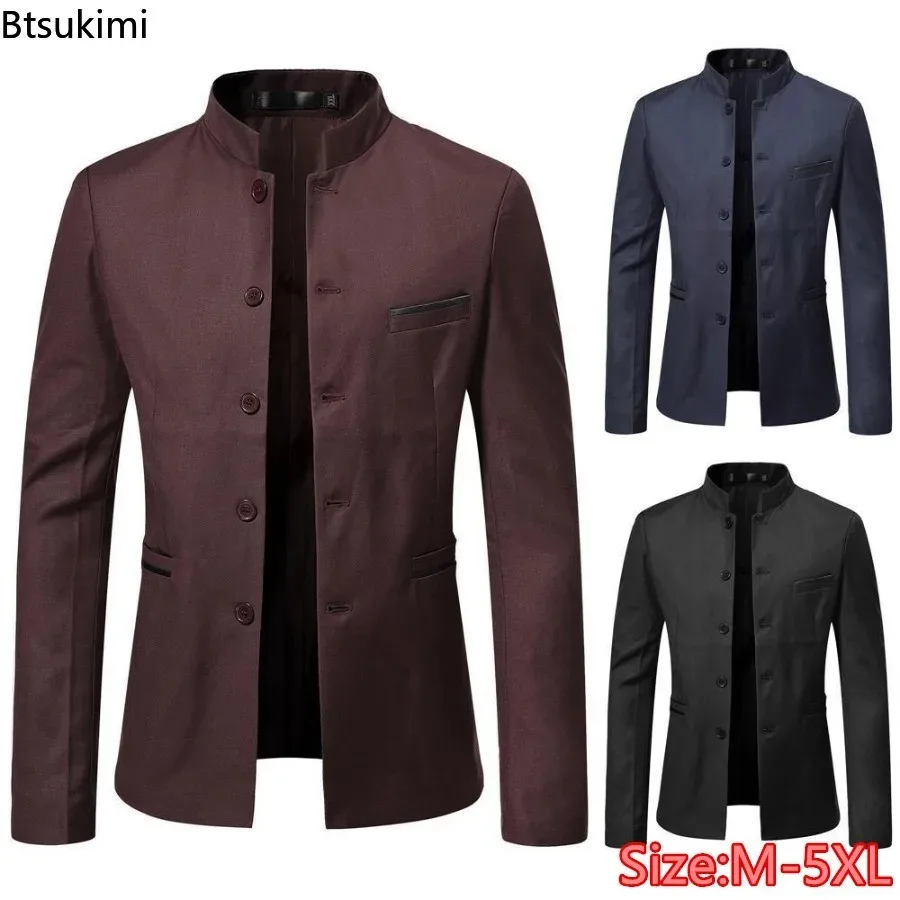 Fashion Brand New Men's Suit Coats Solid Stand Collar Simple Chinese Style Business Casual Blazer Jackets Zhongshan Suit Homme
