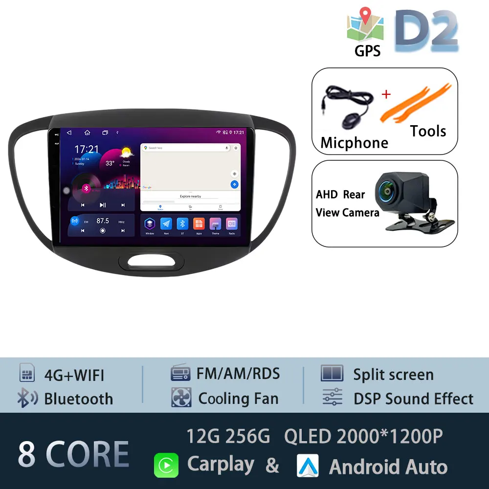 Android 15 Carplay Auto Radio Voor Hyundai I10 2007-2013 CarPlay Auto GPS Recorder Multimedia video Speler 4G + WiFi DSP