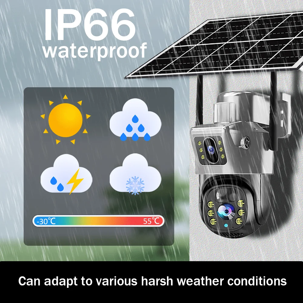 Telecamera di sicurezza esterna ad energia solare WiFi, doppia lente 6MP 4K, movimento PIR, batteria a lunga durata, visione notturna CCTV V380