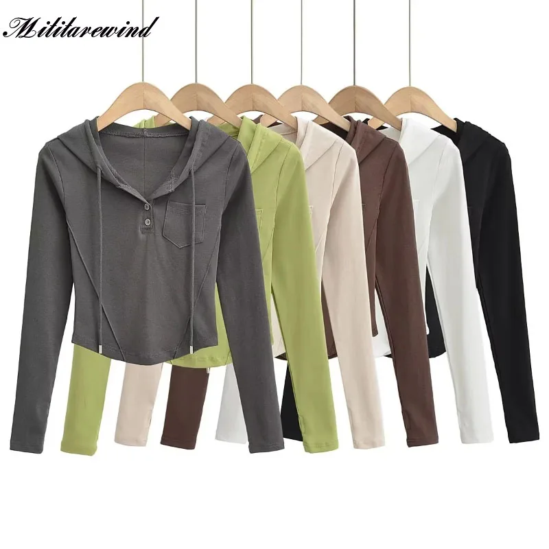 

New Hooded Slim Fit T-shirt Top Women's Button Up Solid Pocket Waist Short Bottoming Shirt Chic Drawstring Fashion Ropa De Mujer