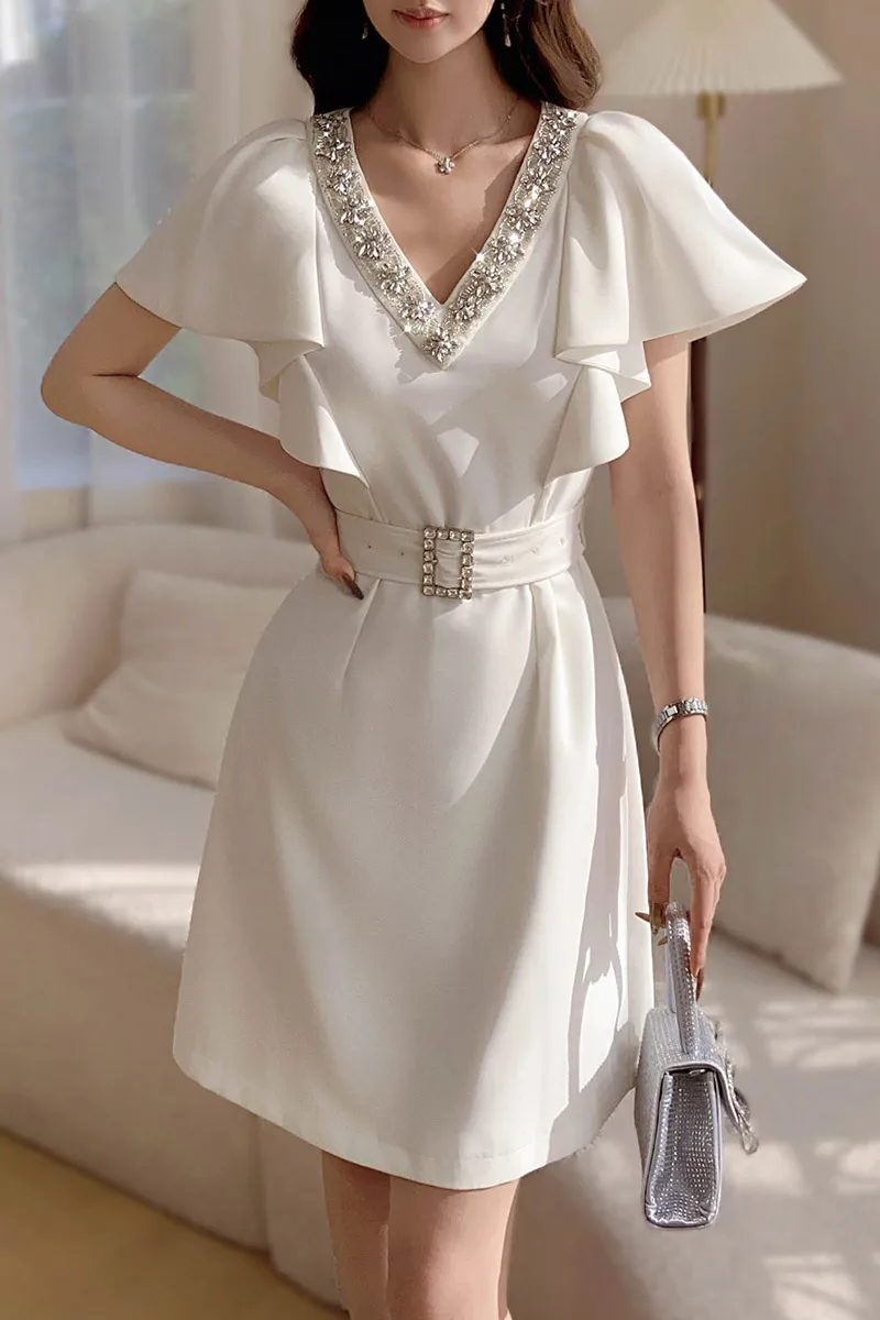 

Summer Solid Dress Women's Dress Diamonds V Neck Butterfly Sleeve Belt Knee-Length A-Line Skirt Y2K 2025 New DABUWAWA DA1BDR140