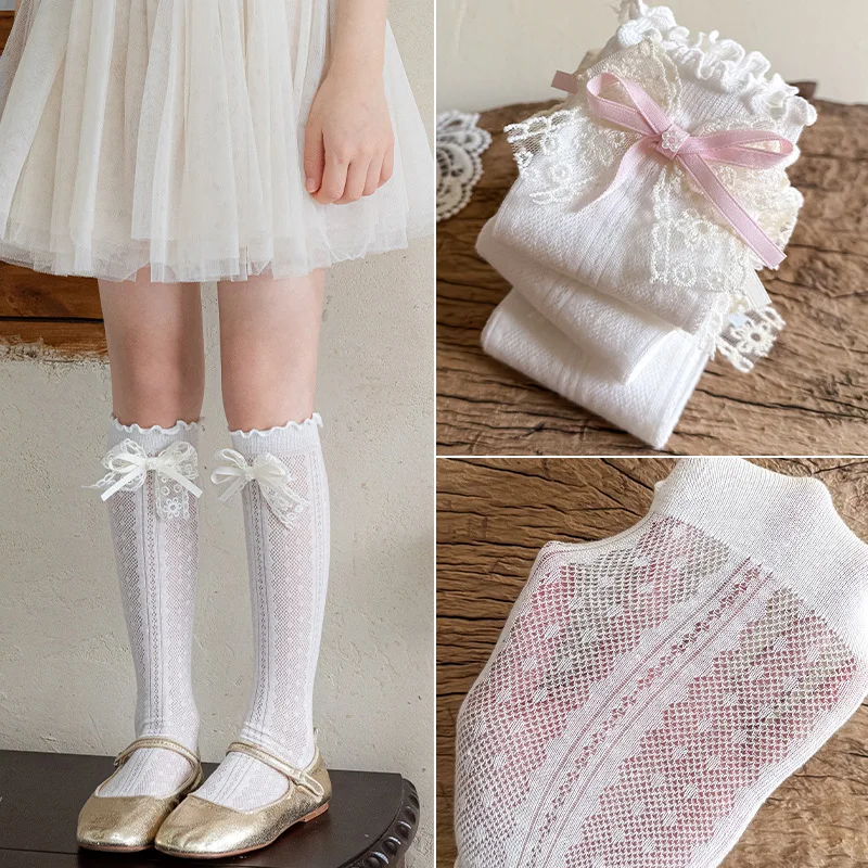 Spring Summer Kids Mesh Mid Socks Lolita Lace Bow Knee High Socks for Girls Children Thin Sweet Ruffle Princess Calf Stockings