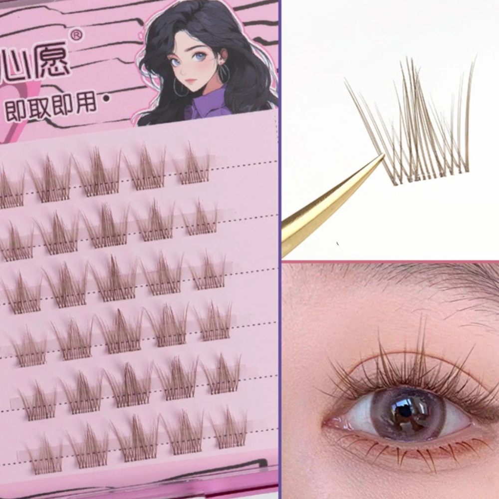 

30 Clusters Brown False Eyelashes Transparent Stem Individual Lashes DIY Extension Self Adhesive Fake Lash Cute Eye Makeup