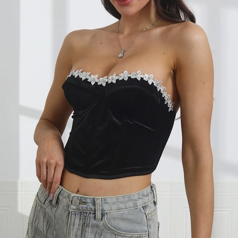 

Женский сексуальный топ без бретелек, готический черный корсет, шикарный милый топ-бюстье с цветами из страз, винтажный облегающий элегантный корсет Y2K
