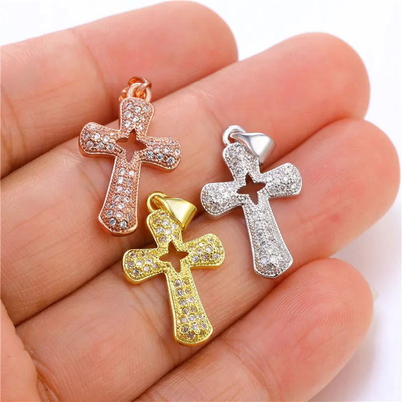 Juya 4Pcs/Lot 18K Gold Plated Handmade Cubic Zirconia Christian Cross Pendants For DIY Women Religious Talisman Jewelry Making
