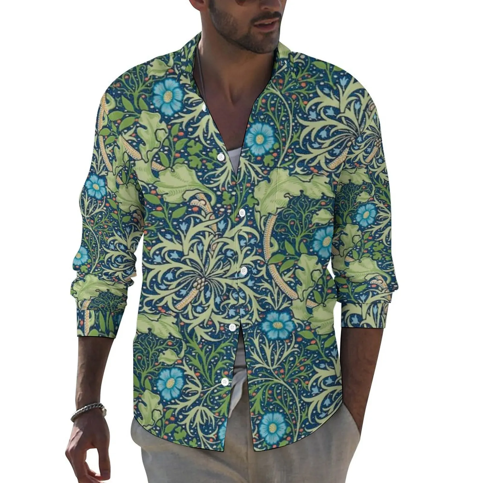 

Blue Floral Print Street Casual Shirt Men Green Leaves Shirt Spring Retro Blouses Long Sleeve Design Oversized Top