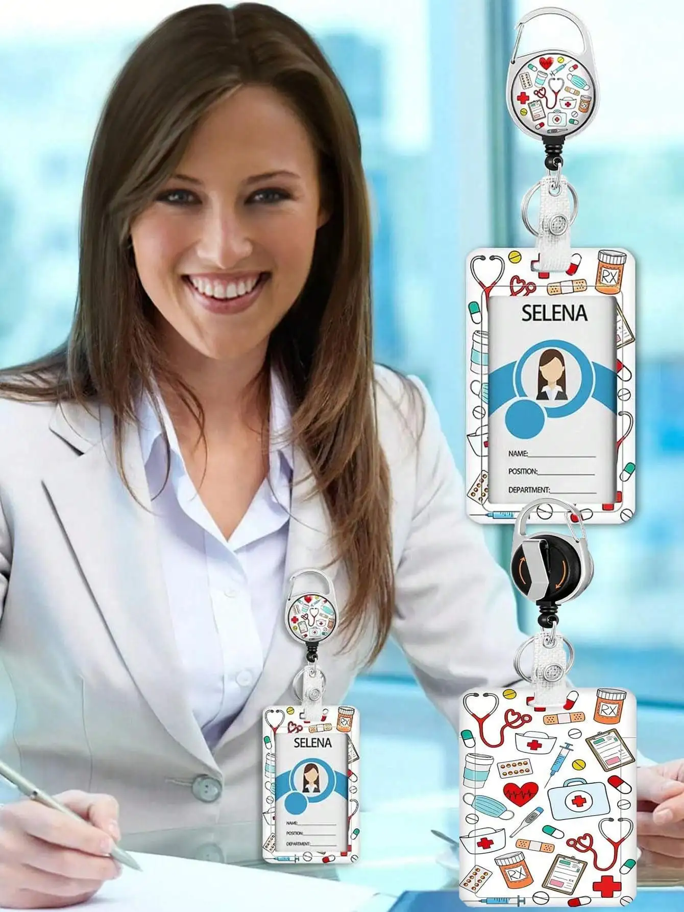 Porte-badge avec bobine rétractable, étiquette de nom d'identification, mousqueton, Clip de protection de carte verticale, étui pour médecin et infirmière