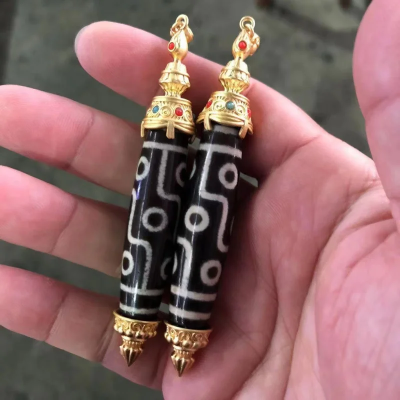 Bead Inlaid Alluvial Gold Dzi Pendant Agate Beads DIY Ornament