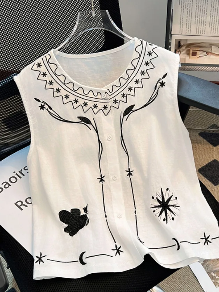 

Retro Embroidered White Vest Women's Summer Outerwear Svel irt Korean Sle Loose Fit Button Detail round Ne