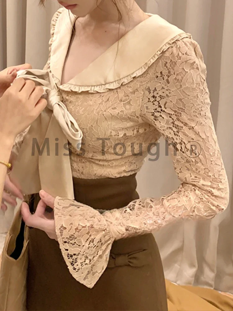 French Fashion Design Sense Sweet Two Piece Set Women Bow Lace Retro Tops + Brown Slim Skirt Winter New Elegant Party Suit 2024