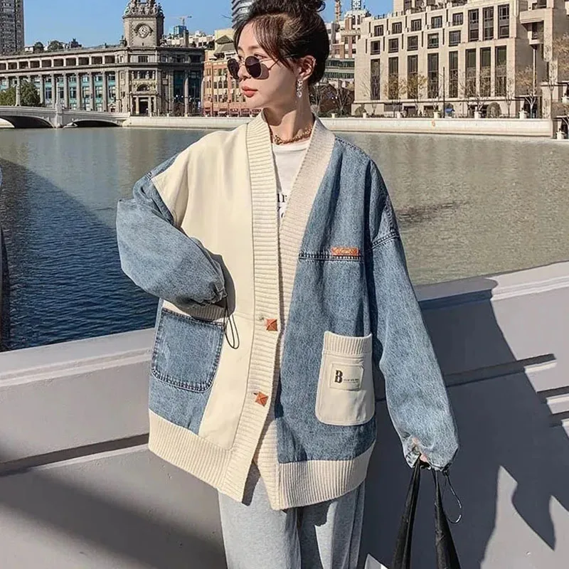 

Women's Oversized Denim Coat, Loose Baseball Jacket, Female Sweater, Patchwork Outerwear, Design Sense, Autumn Fashion, New, 4XL