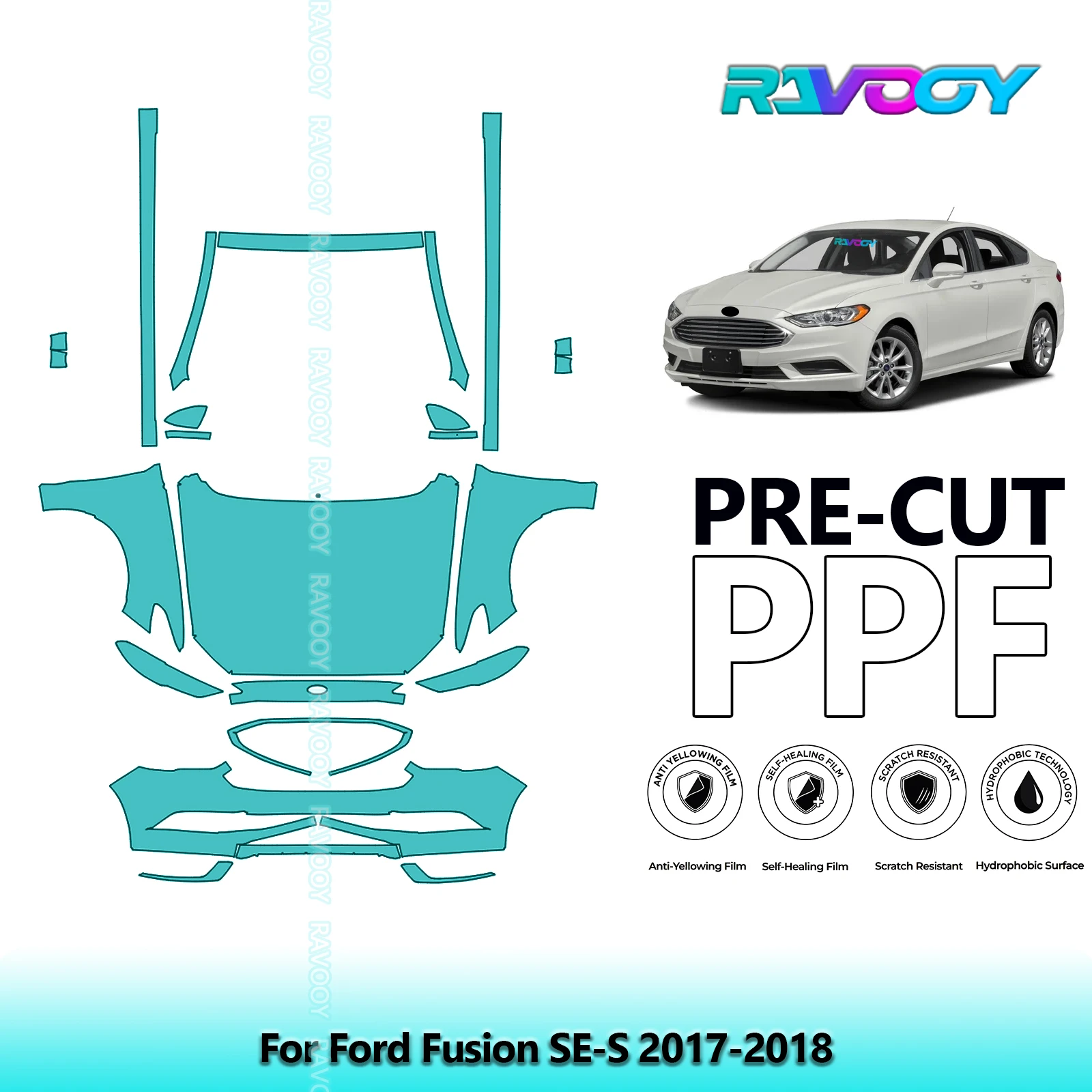 

8.5Mil Precut Paint Protection Film PPF Clear Bra Front Kit+Rockers For Ford Fusion SE-S 2017-2018