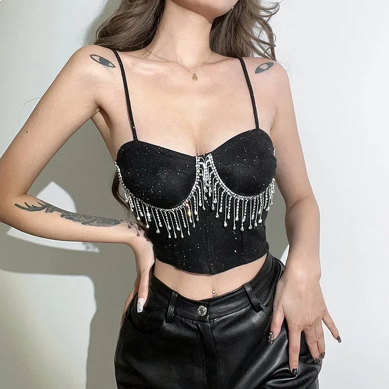 Halter Top Sequin Fringe Crop Top Summer Spring Women Sleeveless Vest Blouse Tee Tops